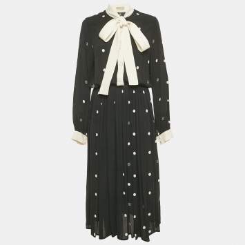 Pre Owned Elie Saab Black Polka Dot Crepe Midi Dress M 