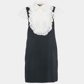 Pre Owned Elie Saab Black/White Lace Trim Crepe Mini Dress M