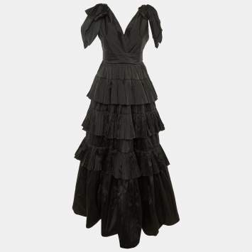 Pre Owned Elie Saab Black Satin Tiered Ruffle Bow Tie Strap Gown M