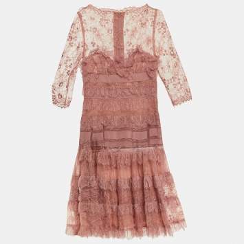 Pre Owned Elie Saab Pink Lace Ruffled Knee Length Dress M