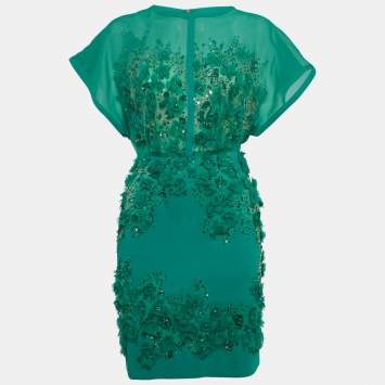 Pre Owned Elie Saab Green Embellished Detail Crepe & Silk Mini Dress XS