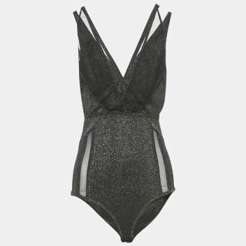 Pre Owned Elie Saab Black Lurex Jersey & Tulle Trim Bodysuit S