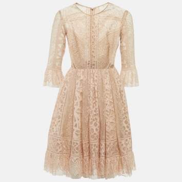 Pre Owned فستان إيللي صعب وردي دانتيل مزين بكشكش قصير مقاس صغير ( سمول )