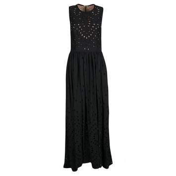 Pre Owned Elie Saab Black Eyelet Embroidered Gathered Sleeveless Maxi Dress S