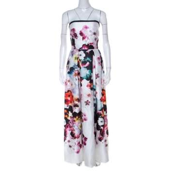 Pre Owned Elie Saab White Floral Printed Silk Satin Strapless Evening Gown S 