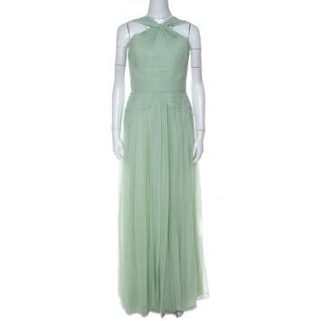 Pre Owned Elie Saab Mint Green Silk Georgette Pleated Dress S
