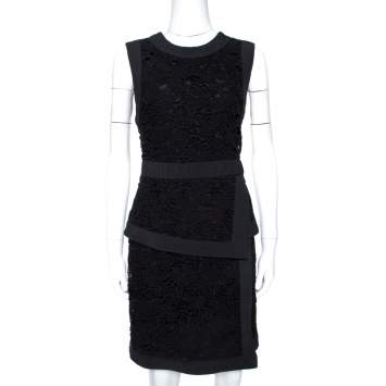 Pre Owned Elie Saab Black Floral Guipure Lace Layered Dress M