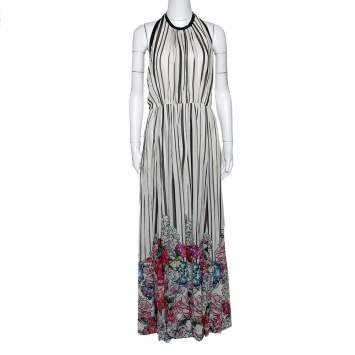 Pre Owned Elie Saab Monochrome Striped Silk Floral Print Halter Maxi Dress M
