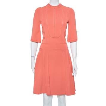 Pre Owned Elie Saab Salmon Pink Knit Scalloped Flared Midi Dress S