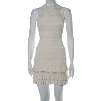Pre Owned Elie Saab Cream Knit Lace Trim Detail Fit & Flare Dress S 