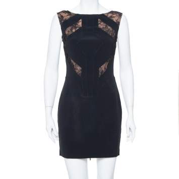 Pre Owned Elie Saab Black Crepe Lace Detail Sheath Dress S
