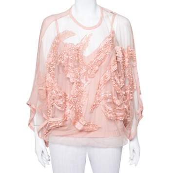 Pre Owned Elie Saab Pale Pink Semi-Sheer Sequin Embellished Oversized Top XS