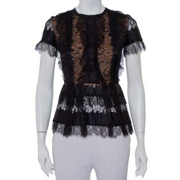 Pre Owned Elie Saab Black Lace Short Sleeve Peplum Top XS