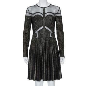 Pre Owned Elie Saab Black Lurex Knit & Tulle Paneled Flared Mini Dress M    
