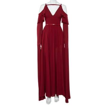 Pre Owned Elie Saab Burgundy Silk Cape Sleeve Detail Cold Shoulder Belted Ruffled Gown XS