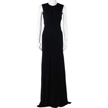 Pre Owned Elie Saab Black Jersey Pleated Detail Sleeveless Maxi Dress S