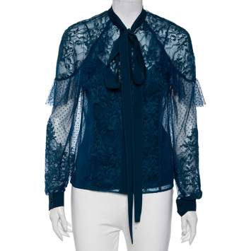 Pre Owned Elie Saab Teal Blue Chantilly Lace Tulle Neck Tie Detail Blouse S 