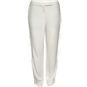 Pre Owned Elie Saab White Crepe & Lace Trim Trousers S