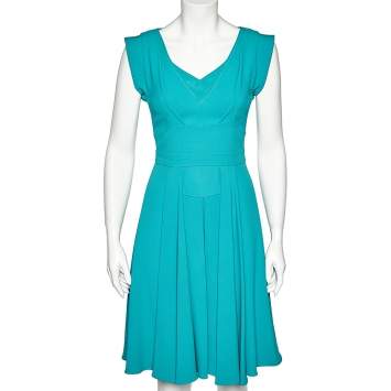 Pre Owned Elie Saab Teal Blue Crepe Pleated Detail Midi Dress XS