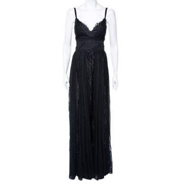Pre Owned Elie Saab Black Silk & Lace Paneled Shawl Detail Sleeveless Gown S