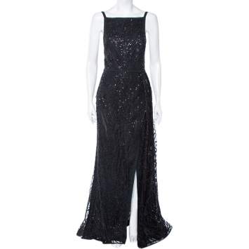 Pre Owned Elie Saab Black Sequin Embellished Tulle High Slit Trail Detail Evening Gown M
