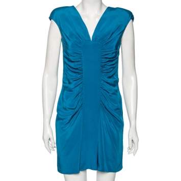Pre Owned Elie Saab Blue Silk Ruched Detail Short Dress M