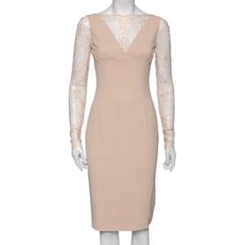 Pre Owned Elie Saab Peach Crepe & Lace Inset Midi Dress S