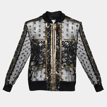 Pre Owned Elie Saab Black & Gold Embroidered Tulle & Lace Inset Bomber Jacket M