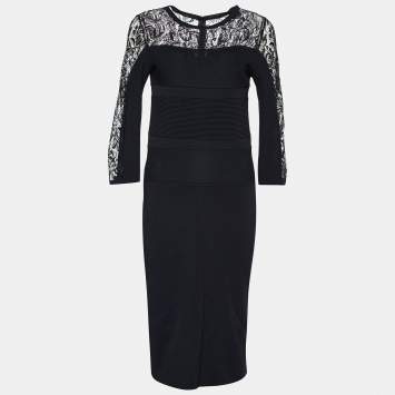 Pre Owned Elie Saab Black Jersey Lace Laser Cut Detail Dress S
