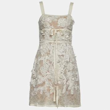 Pre Owned Elie Saab Ivory Embellished Floral Lace & Crepe Mini Dress S