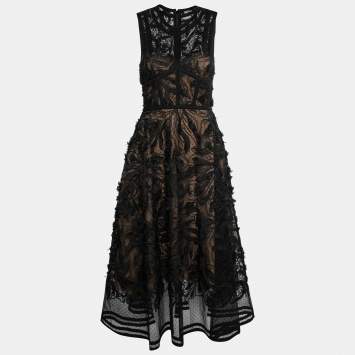 Pre Owned Elie Saab Black Lace Embroidered Flared Midi Dress S 