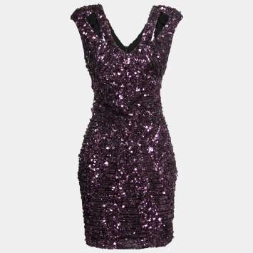 Pre Owned Elie Saab Purple Sequin-Embellished Cutout Mini Dress M 