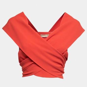 Pre Owned Elie Saab Coral Orange Crepe Wrap Around Sleeveless Cropped Top XS