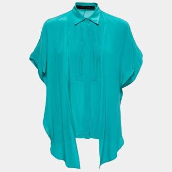 Pre Owned Elie Saab Green Crepe Silk Ruffled Overlay Shirt S