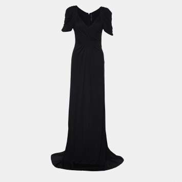 Pre Owned Elie Saab Black Jersey Gathered Yoke Detail Gown M