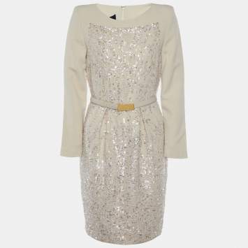 Pre Owned Elie Saab Beige Sequin Embellished Silk & Wool Belted Mini Dress S