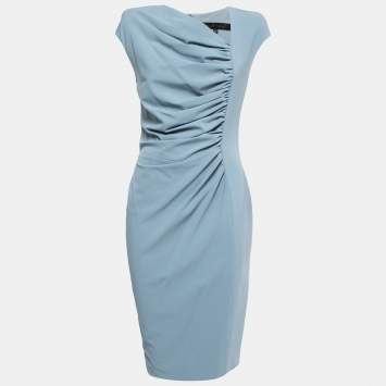 Pre Owned Elie Saab Blue Crepe Ruch Detailed Sleeveless Midi Dress S