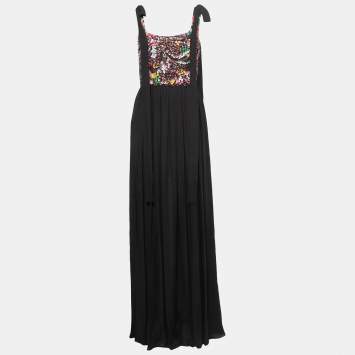 Pre Owned Elie Saab Black Silk Chiffon Sequin Embellished Yoke Sleeveless Gown S