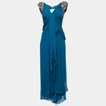 Pre Owned Elie Saab Blue Embellished Detail Draped Gown M
