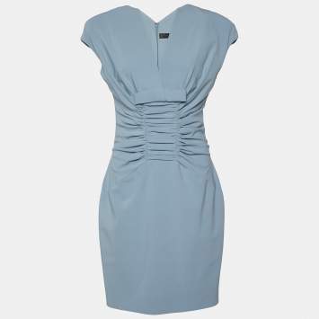 Pre Owned Elie Saab Blue Wool Ruched Bow Detail Mini Dress M