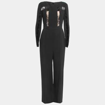 Pre Owned Elie Saab Black Silk & Nylon Lace Trimmed Full Sleeve Jumpsuit S