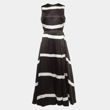 Pre Owned Elie Saab Black/White Striped Silk-Blend Gown M