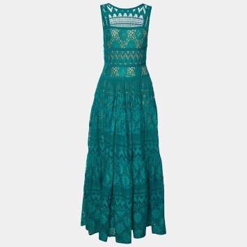 Pre Owned Elie Saab Green Lace Sleeveless Maxi Dress S