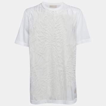 Pre Owned Elie Saab White Embroidered Tulle and Cotton Knit Sheer T-Shirt S