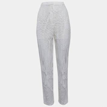 Pre Owned Elie Saab White Sequin Embroidered Tulle Straight Fit Trousers S