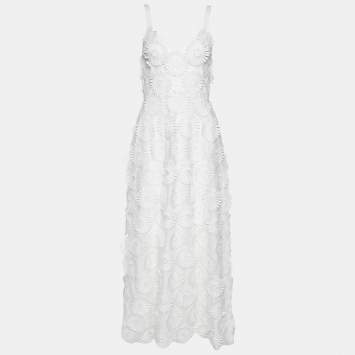 Pre Owned Elie Saab White Floral Appliqued Tulle Midi Dress S