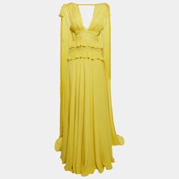 Pre Owned Elie Saab Yellow Silk Blend Lace Insert Ruffled Maxi Dress M