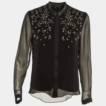 Pre Owned Elie Tahari Black Silk Embellished Button Front Blouse S