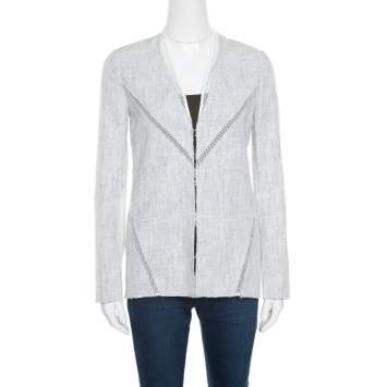 Elie Tahari Off White and Blue Textured Mesh Insert Mixed Media Leeann Jacket XS