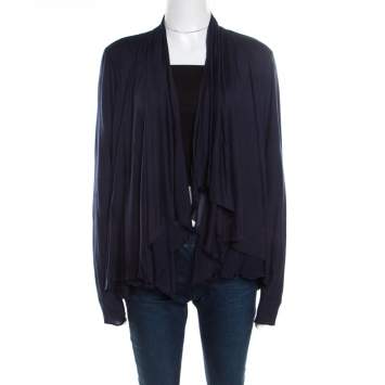 Pre Owned Elie Tahari Navy Blue Jersey and Silk Layered Open Front Cardigan M
